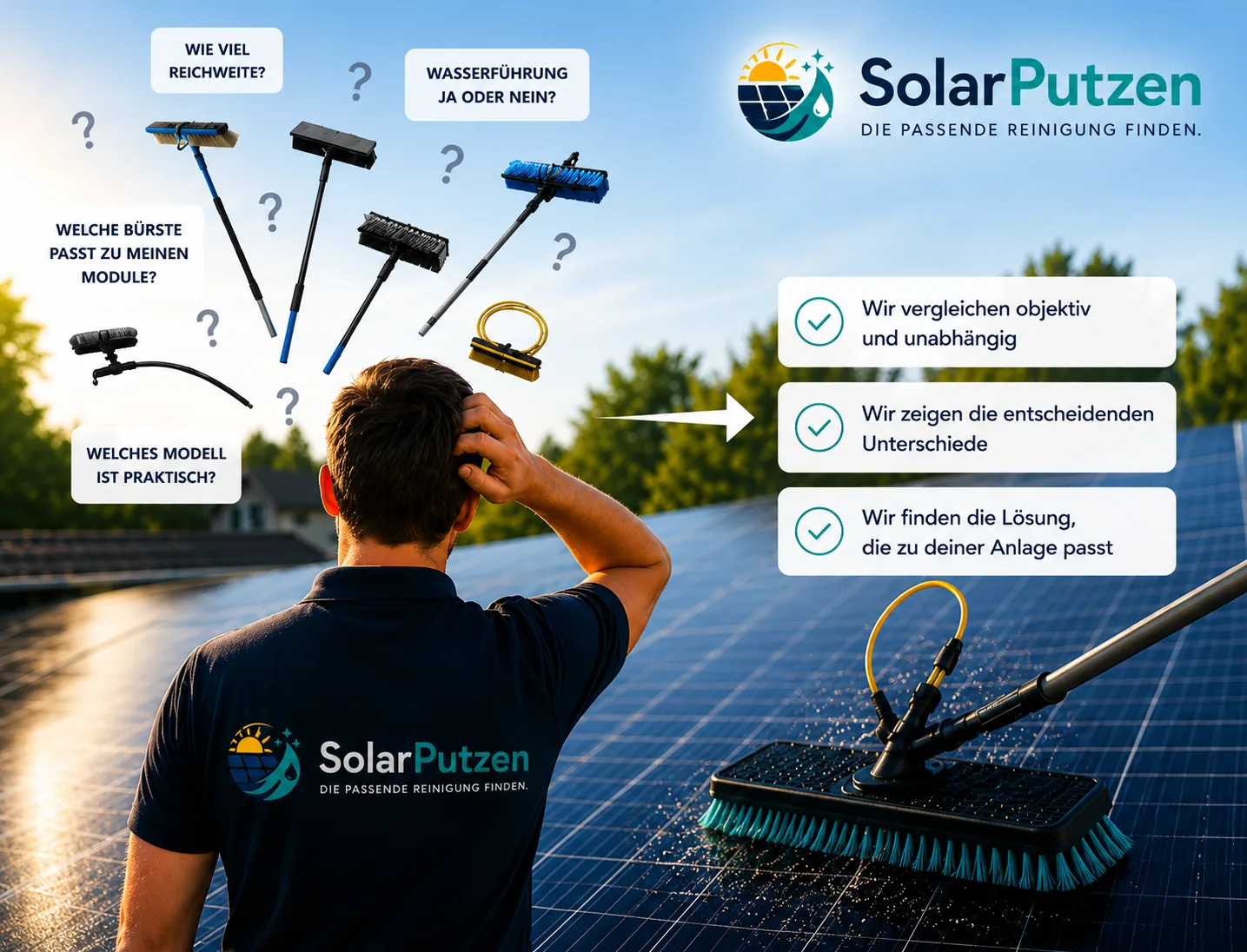 Reinigungsbürste auf einem Solarmodul